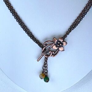 Artisan Handmade Copper Plumeria Toggle Closure Peacock Agate Necklace Floral